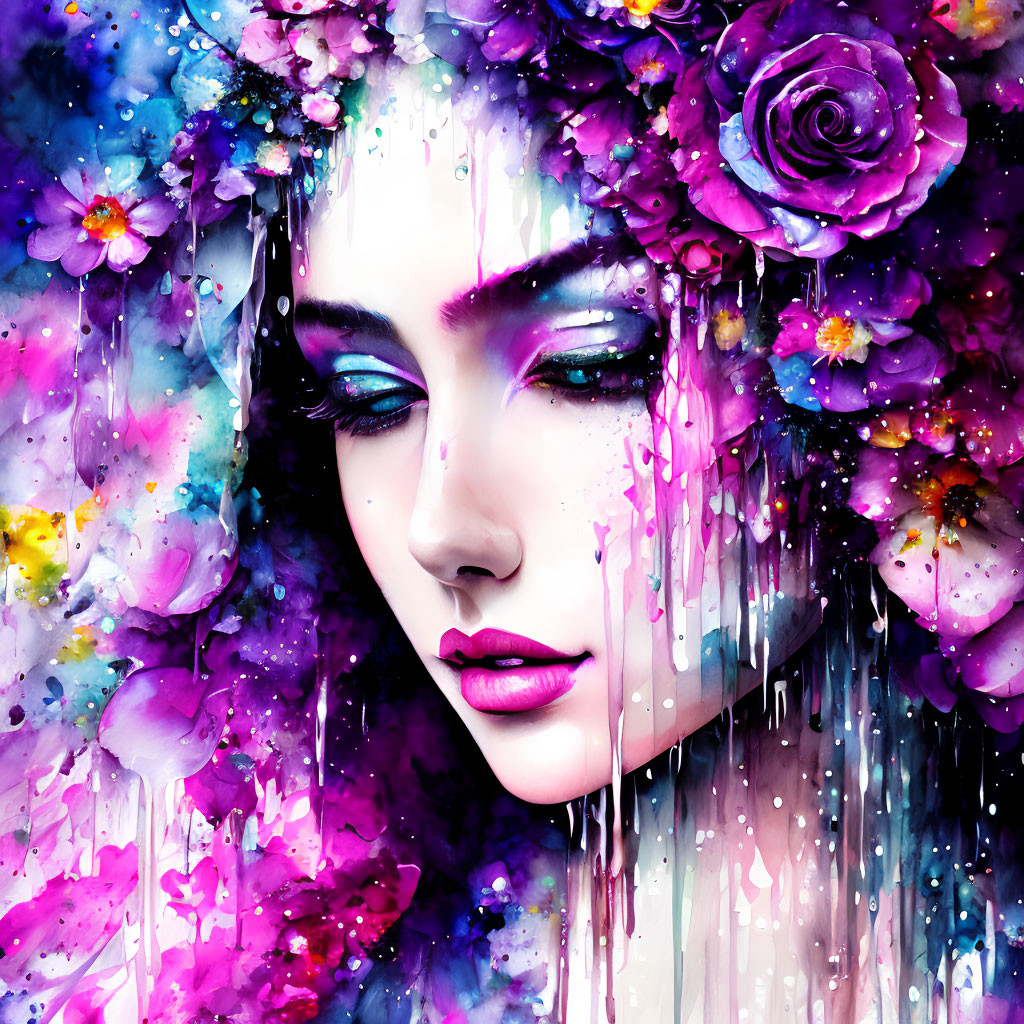 Colorful Flower Adorned Woman's Face Artwork with Dripping Paint Effects