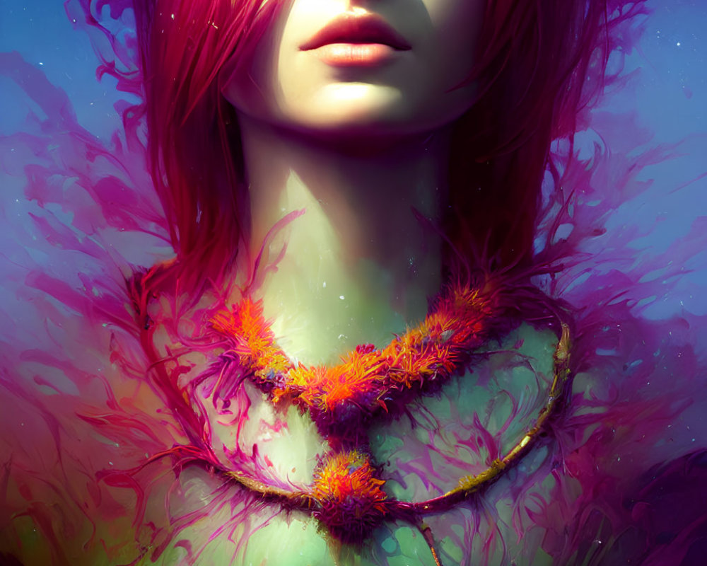 Colorful digital portrait with pink hair and floral necklace on surreal backdrop