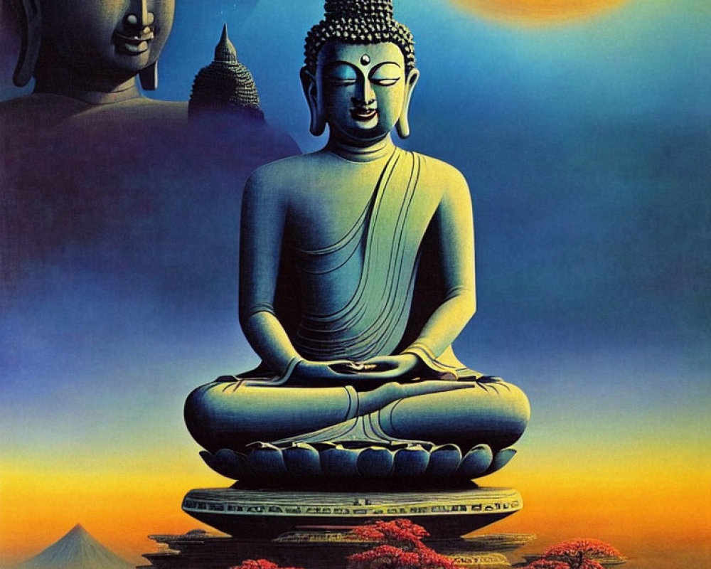 Seated Buddha meditating on lotus against sunset backdrop