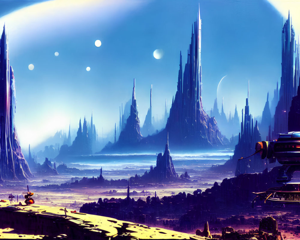 Futuristic landscape with towering spires, spacecraft, and moons
