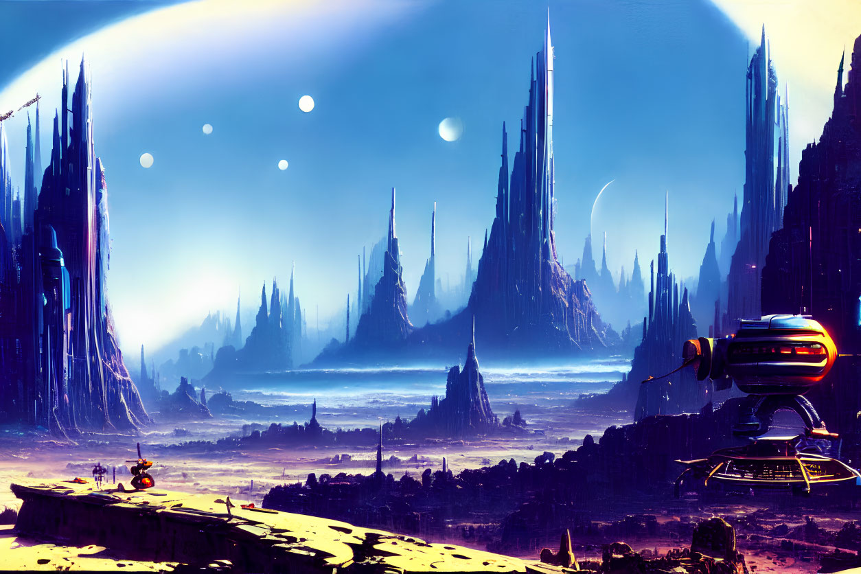 Futuristic landscape with towering spires, spacecraft, and moons