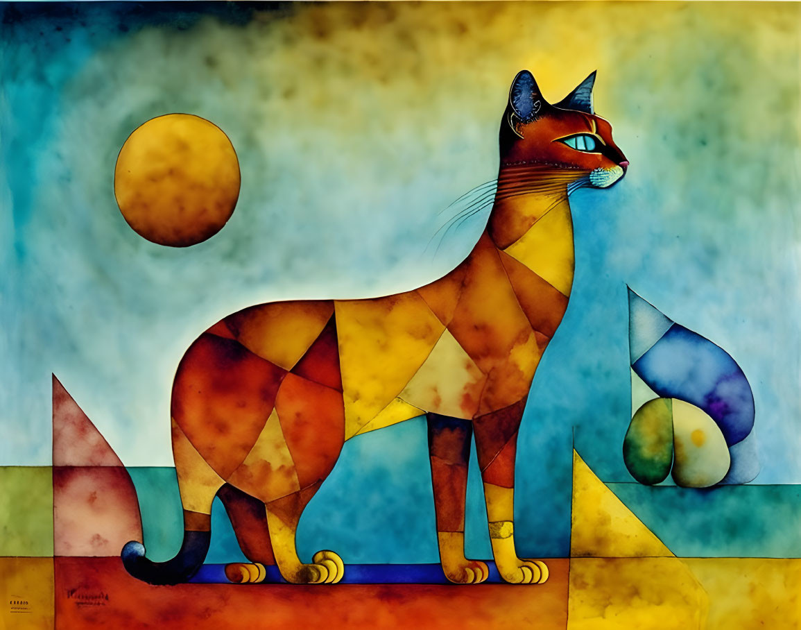 Geometric shapes cat art in warm hues with abstract background.