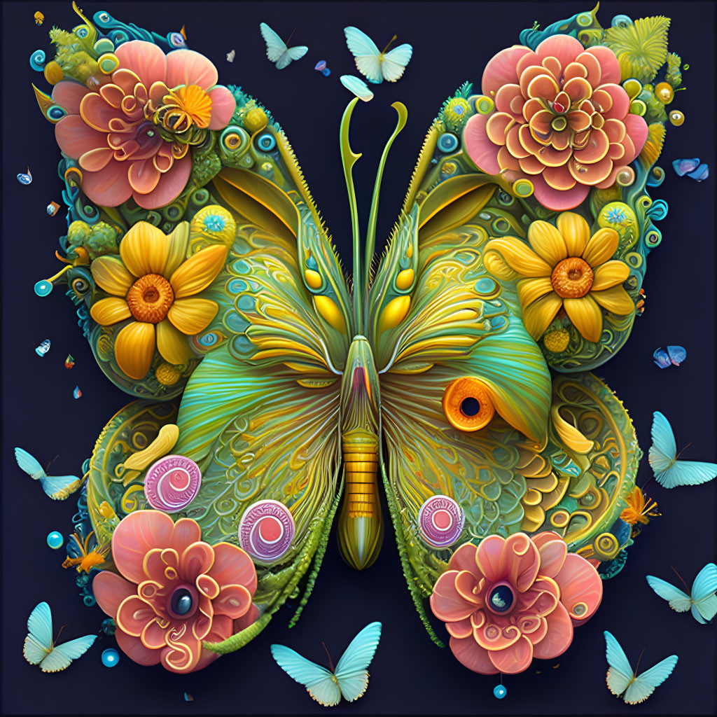 Colorful Butterfly Illustration with Flowers and Butterflies on Dark Background