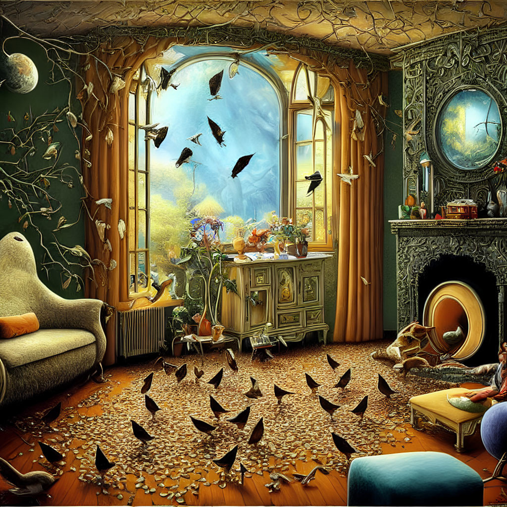 Vintage Room with Flying Birds, Plants, Fireplace, and Surreal Nature Blend