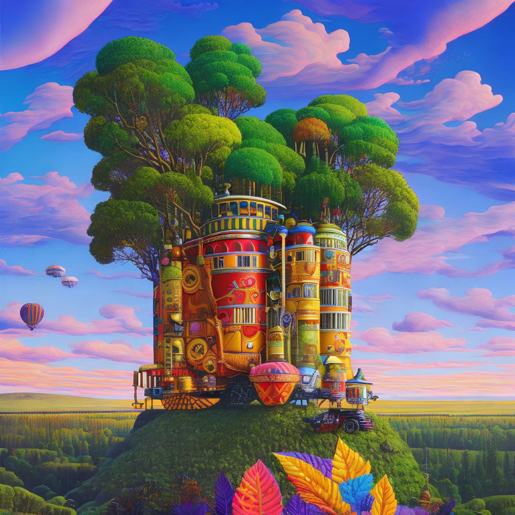 Colorful Steampunk House with Tree Canopies on Hill