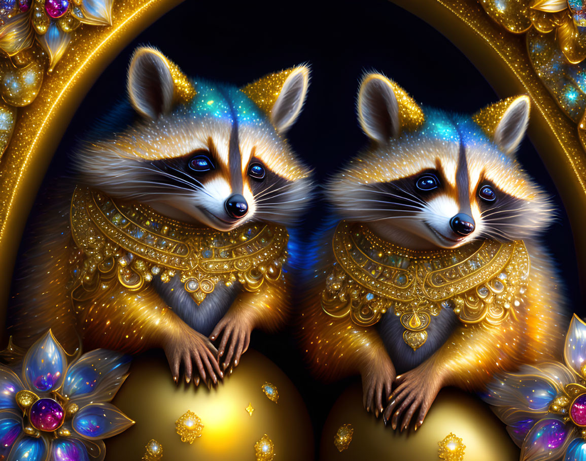 Stylized raccoons with golden collars on celestial background
