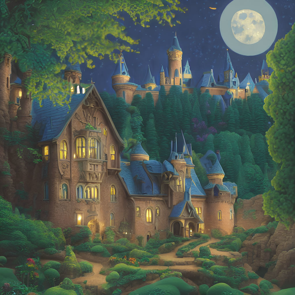 Enchanting castle in lush forest at night with full moon and warm lights