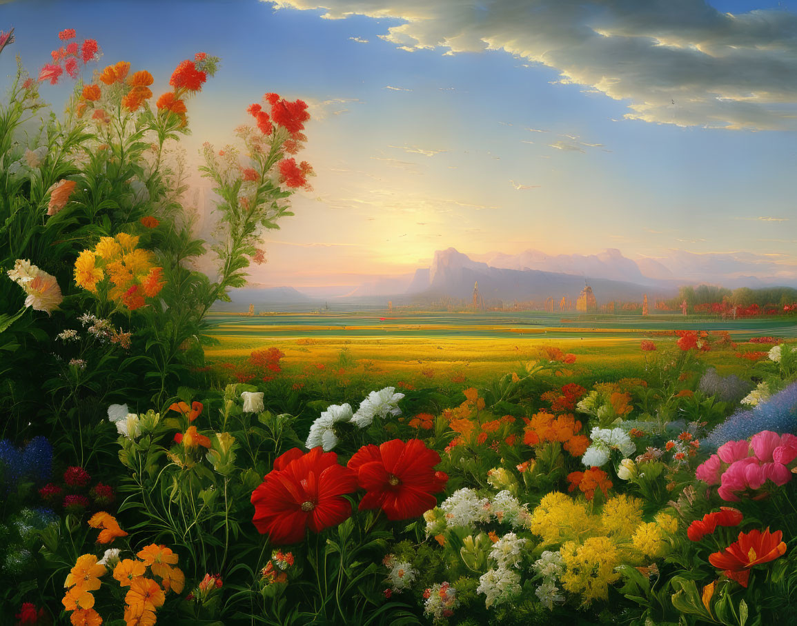Colorful flowers and majestic mountains in serene landscape