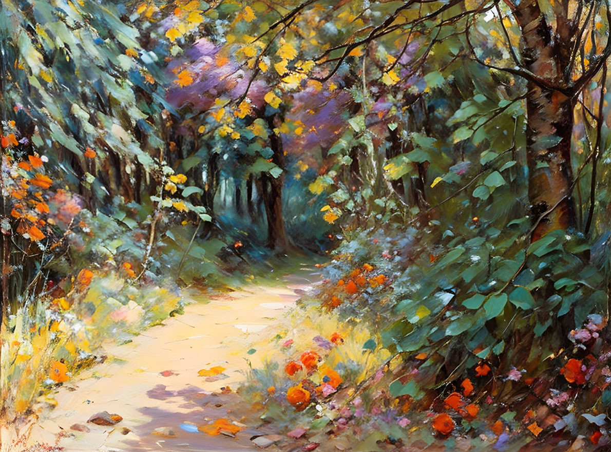 Colorful Forest Path Painting with Sunlit Trees