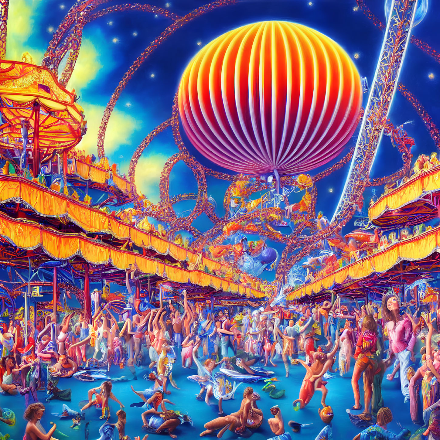 Colorful carnival scene with hot air balloon under starry sky