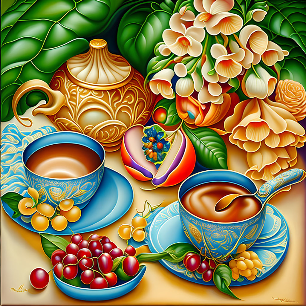 Colorful still-life painting with teacups, teapot, fruit, leaves, and blossoms