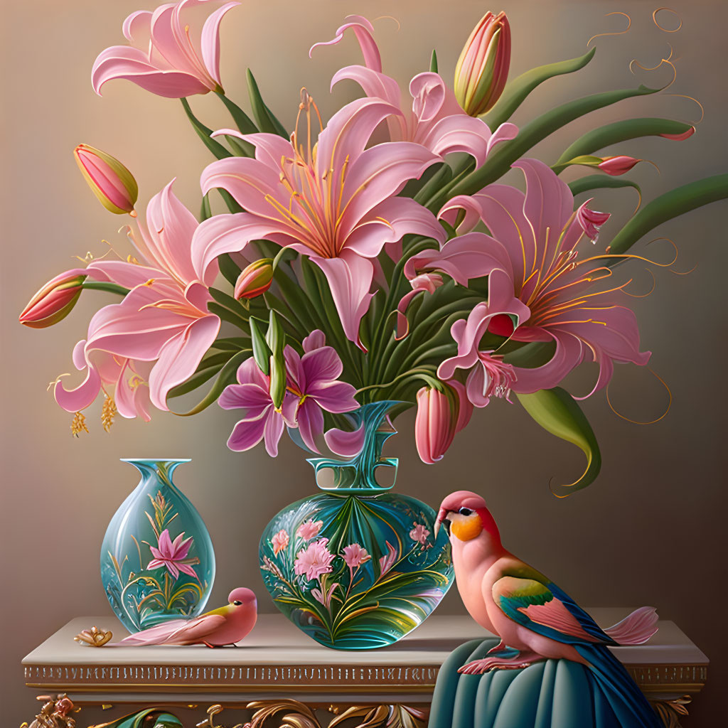 Colorful illustration of pink lilies, vase, bird, ruler