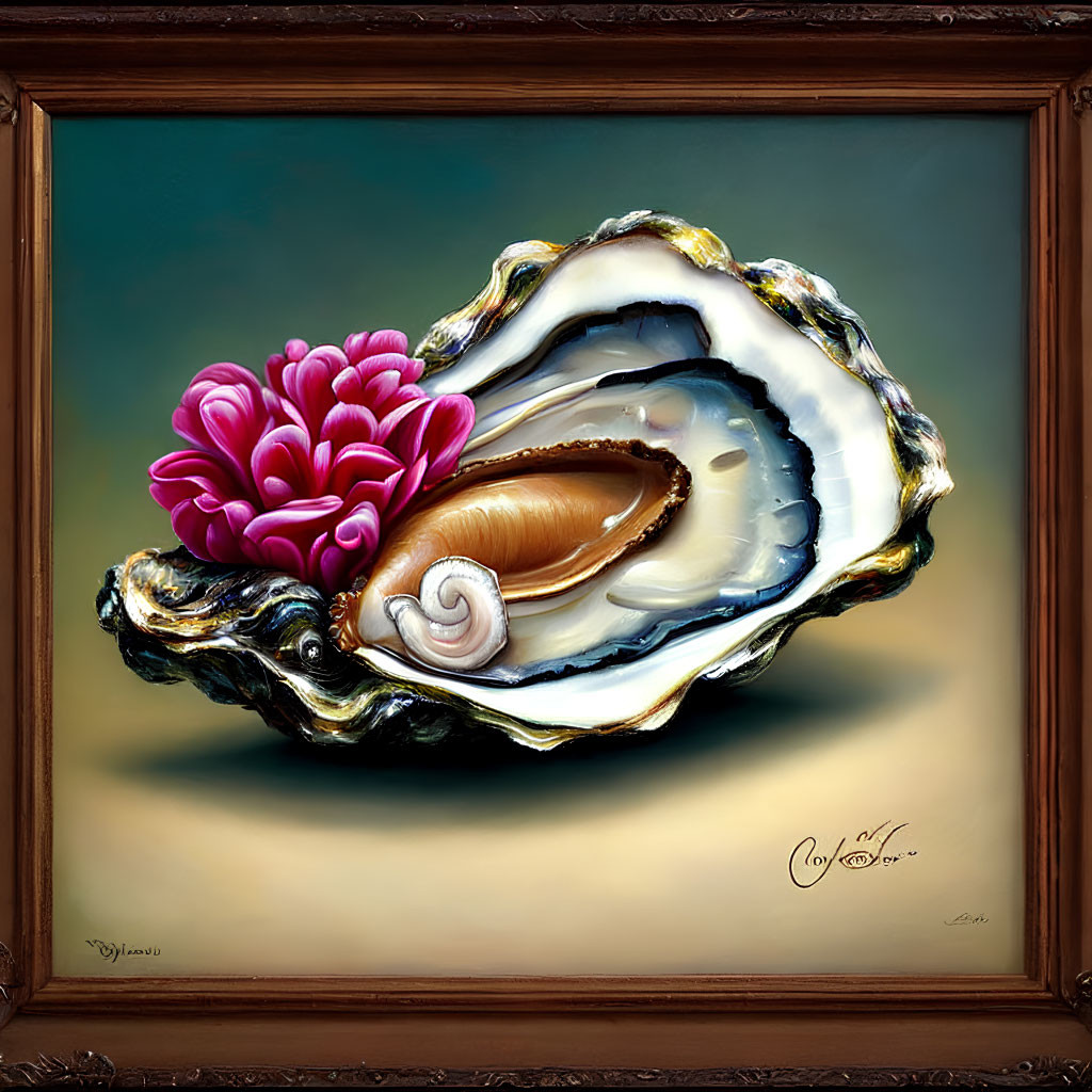 Hyperrealistic Painting of Open Oyster Shell, Pearl, and Chrysanthemum Displayed