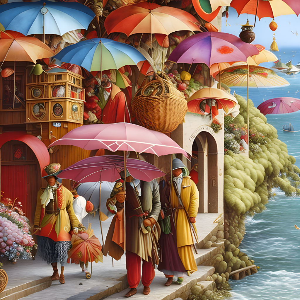Umbrellas in a seaside village