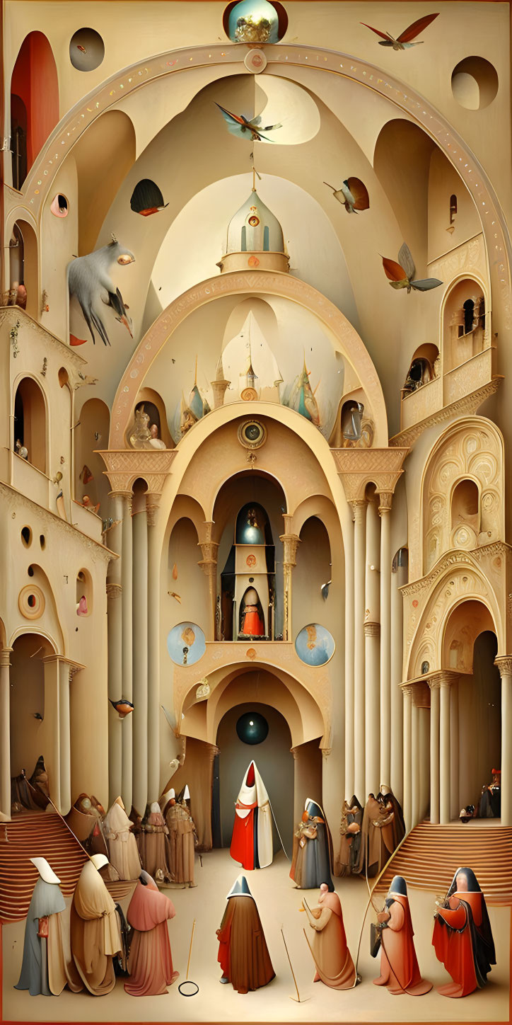 Detailed Fantasy Building Illustration with Arches, Towers, and Figures