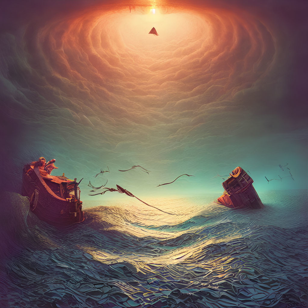 Surreal seascape with two boats, swirling sky, birds, glowing sun, and floating triangle