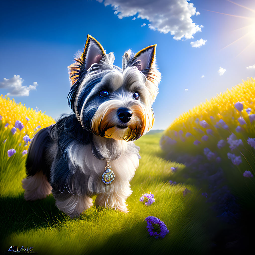 Digital art of Yorkshire Terrier with large eyes in sunny meadow with flowers and amulet.