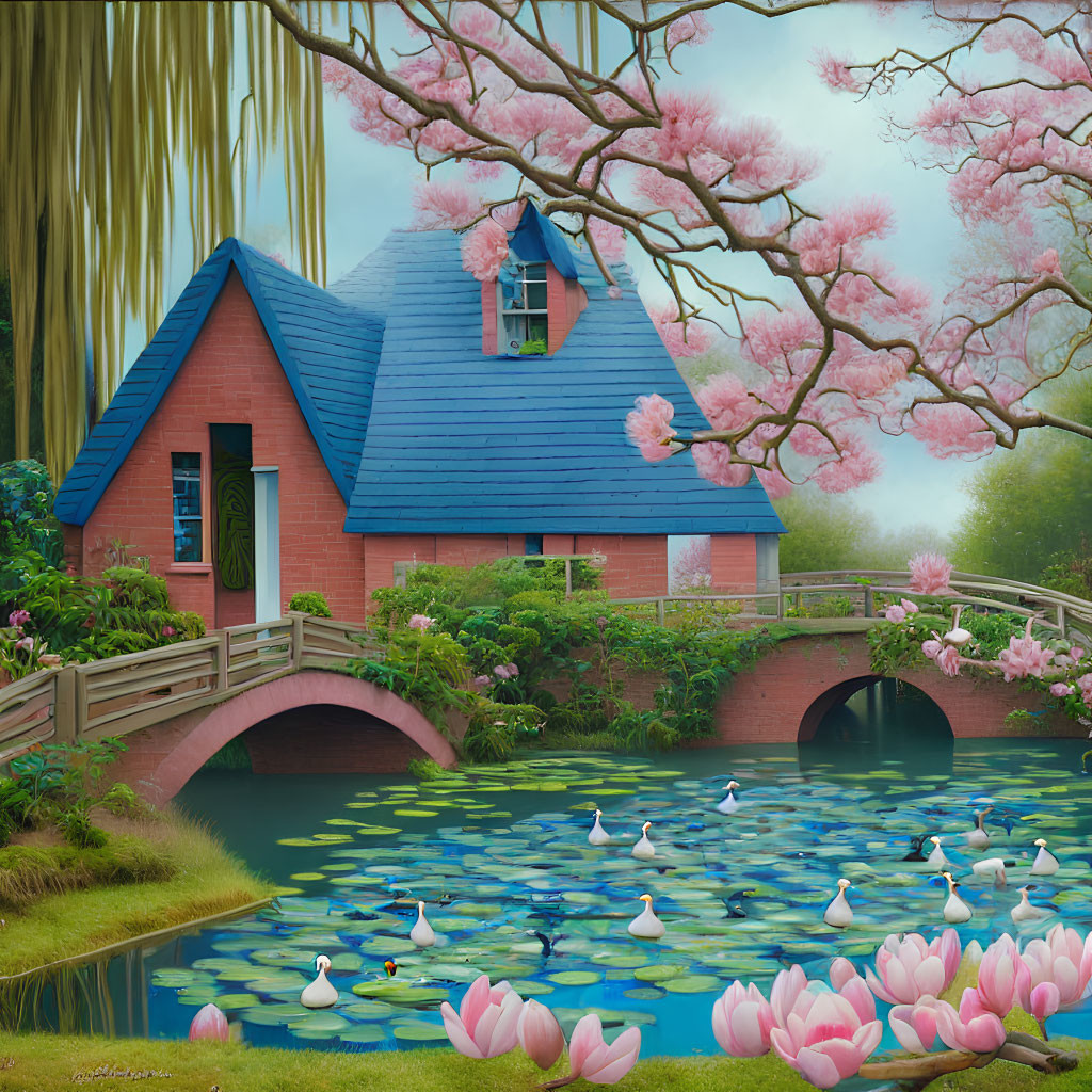 Red Brick Cottage with Blue Roof by Pond with Pink Water Lilies and Cherry Blossoms