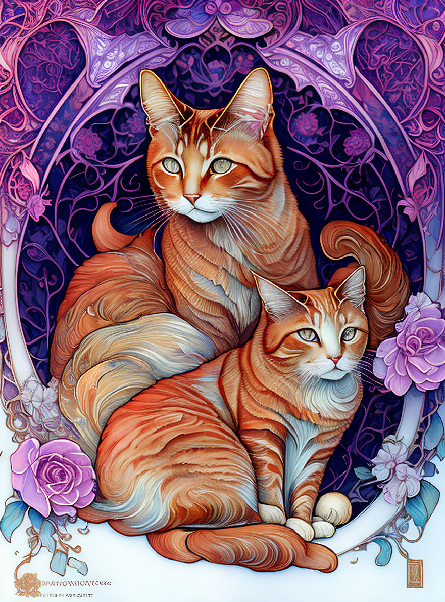 Stylized ginger cats with floral designs on purple and pink background
