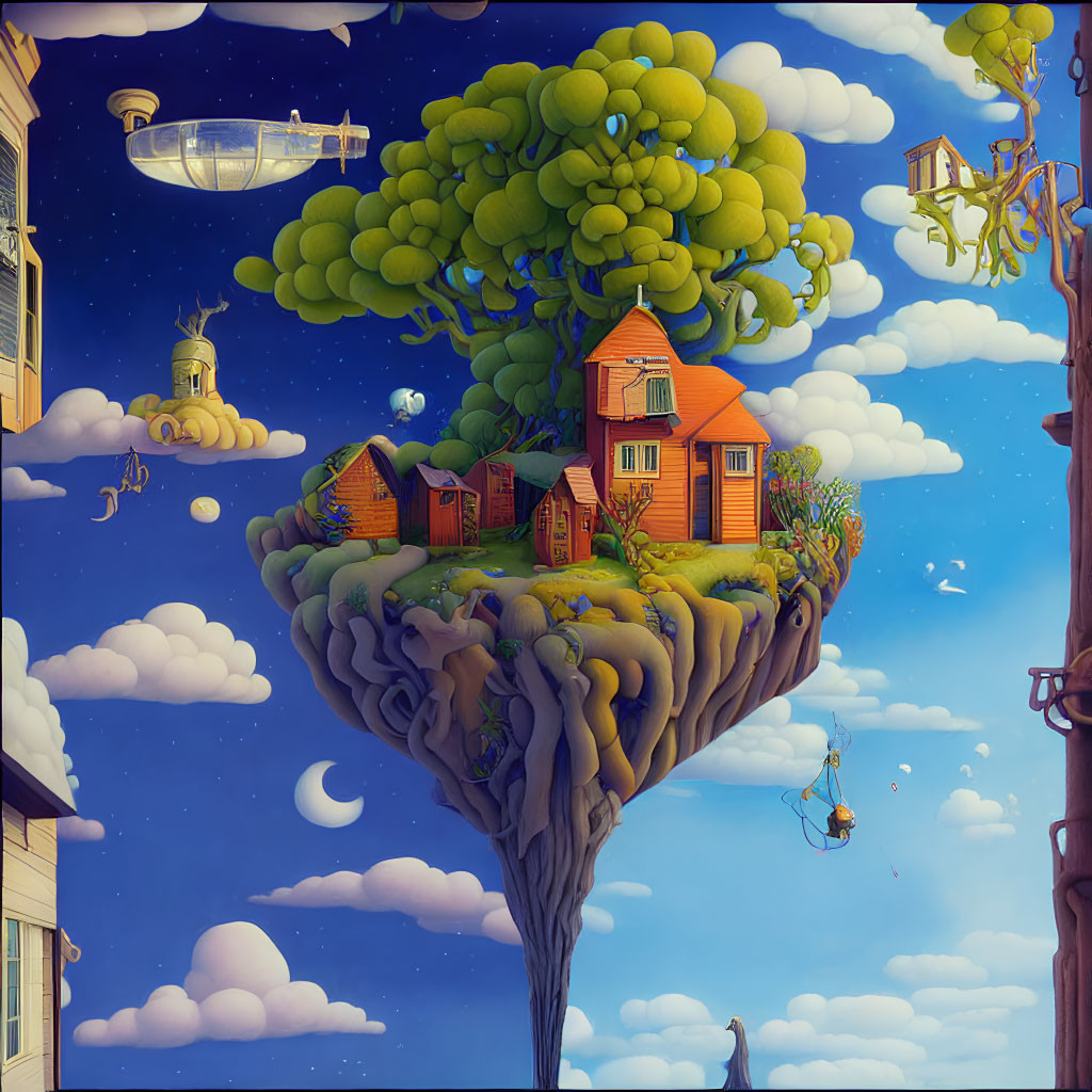 Floating island with quaint houses, trees, airships, and crescent moon