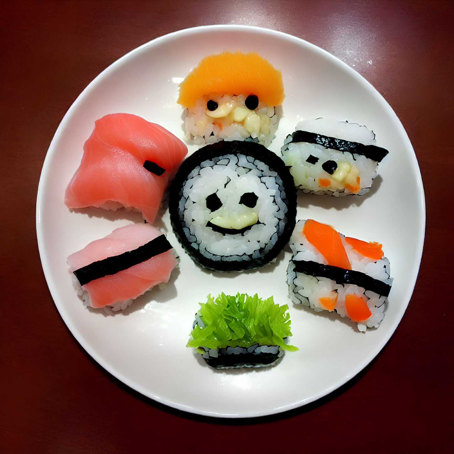 Assorted Sushi Plate with Creative Face Designs and Leaf Garnish