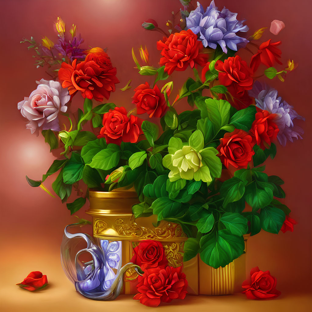 Colorful digital flower arrangement in golden vase on warm backdrop