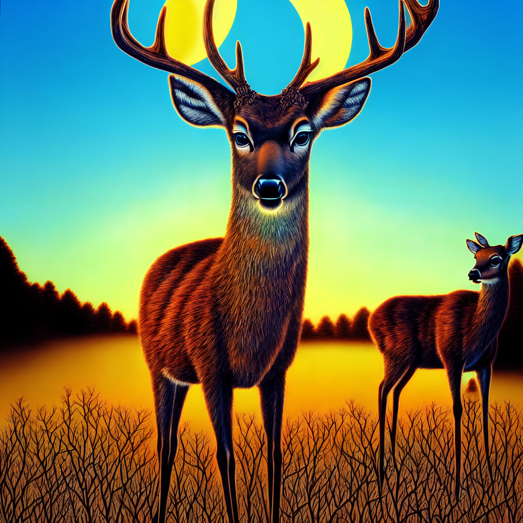 Illustration of majestic stag and doe in vibrant sunset with antlers like tree branches