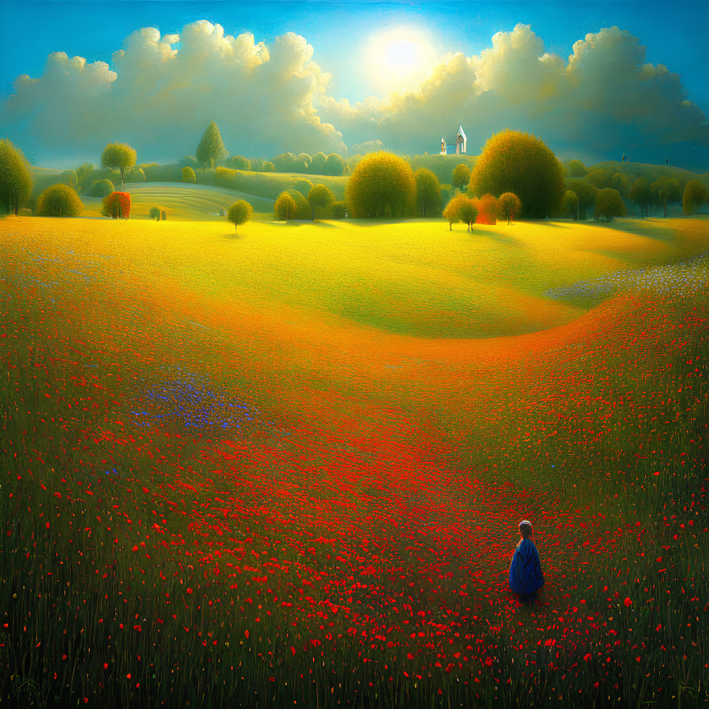 Person in Vibrant Field of Red Poppies Under Sunny Sky
