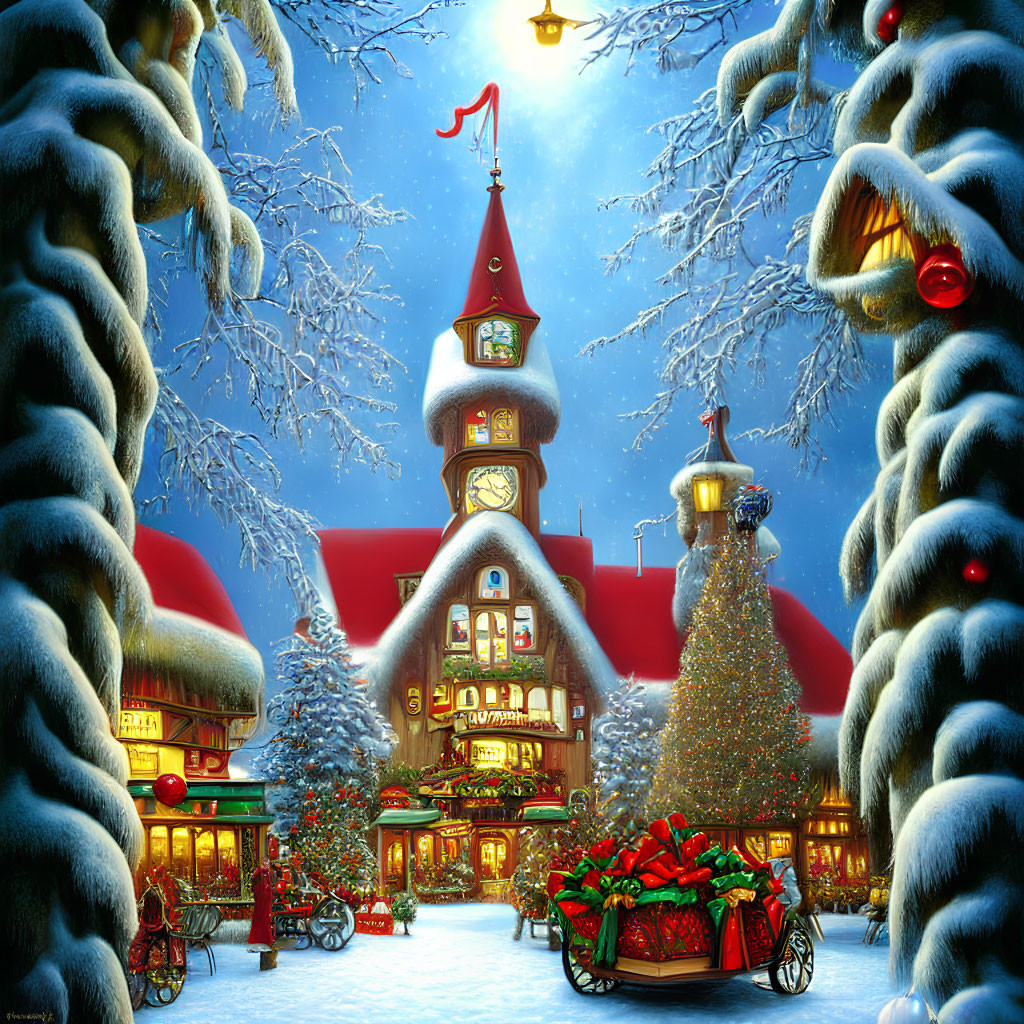 Snowy Christmas Village Scene with Tree, Clock Tower, and Festive Lights