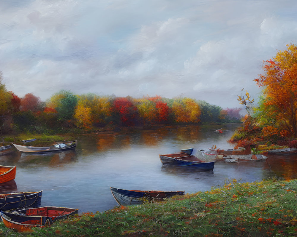 Colorful autumn trees reflected in calm river with moored boats under overcast sky