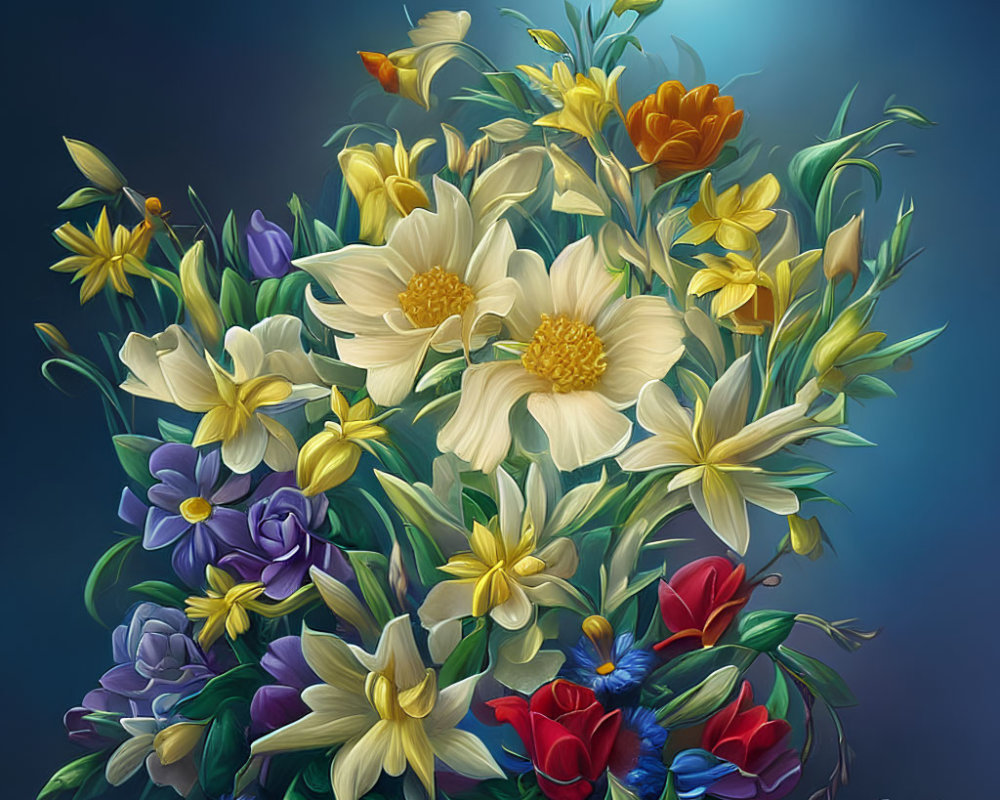 Colorful digital painting of vibrant bouquet on dark background