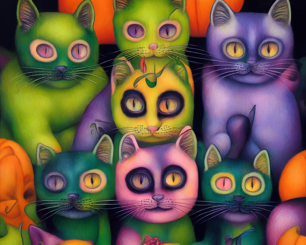 Whimsical cats with large eyes and pumpkins in colorful illustration