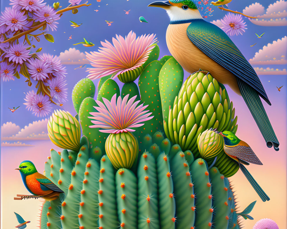 Colorful Birds and Cactus Illustration with Butterflies and Blossoms