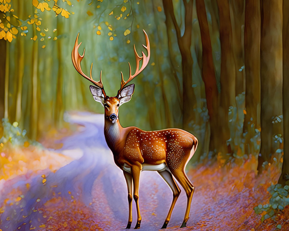 Majestic deer in autumn forest with orange and yellow leaves
