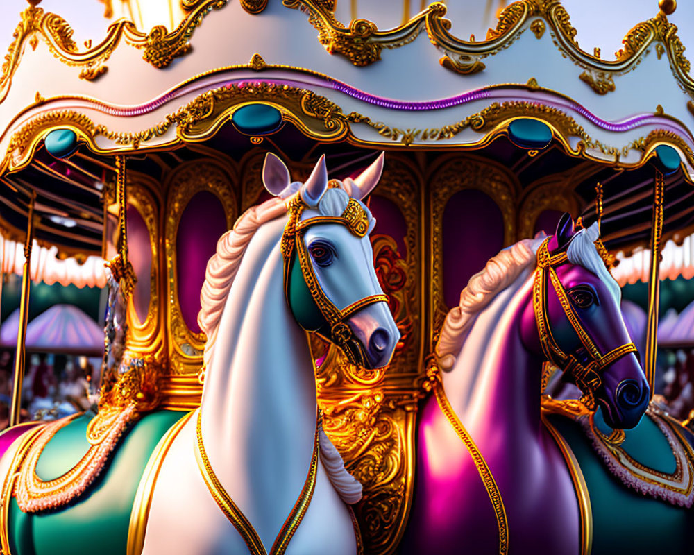 Colorful Carousel with Ornate Horses and Golden Canopy