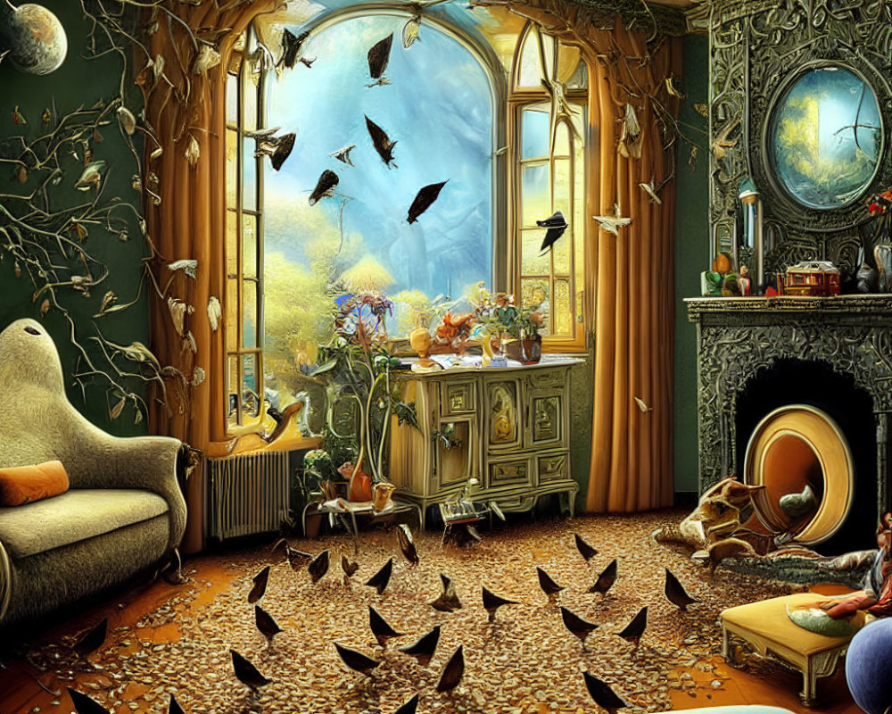 Vintage Room with Flying Birds, Plants, Fireplace, and Surreal Nature Blend