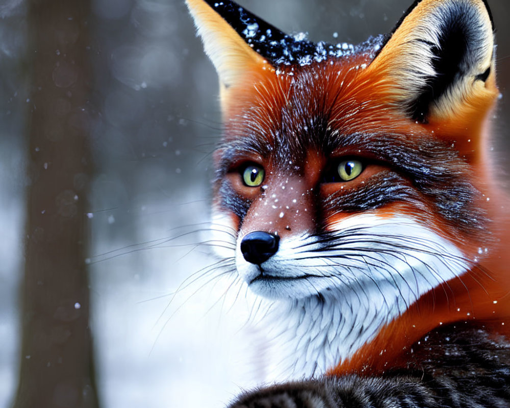 Vivid Red Fox with Snowflakes in Snowy Forest