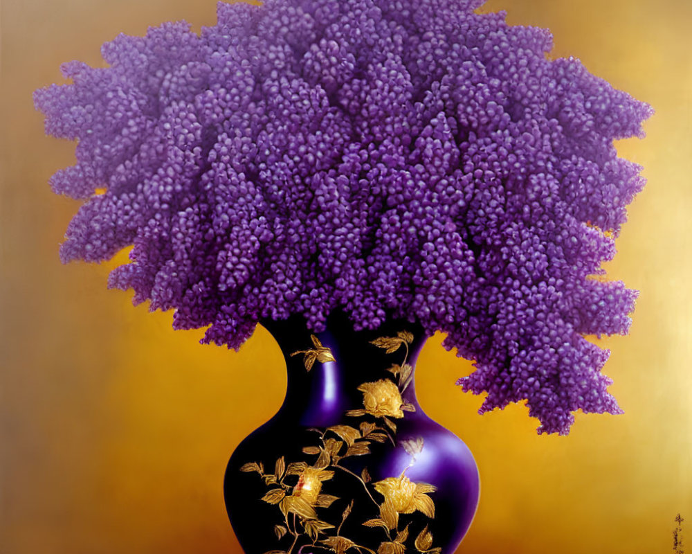 Stylized purple tree in black vase with gold floral patterns on golden backdrop