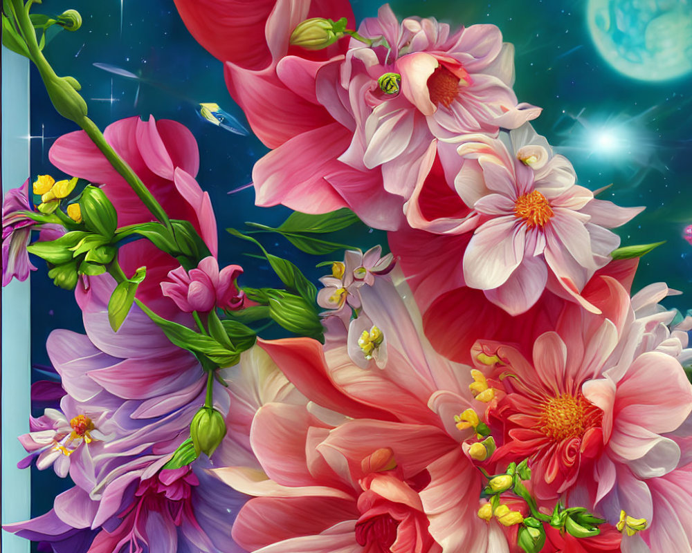 Colorful pink and purple flowers on cosmic background with stars and green planet