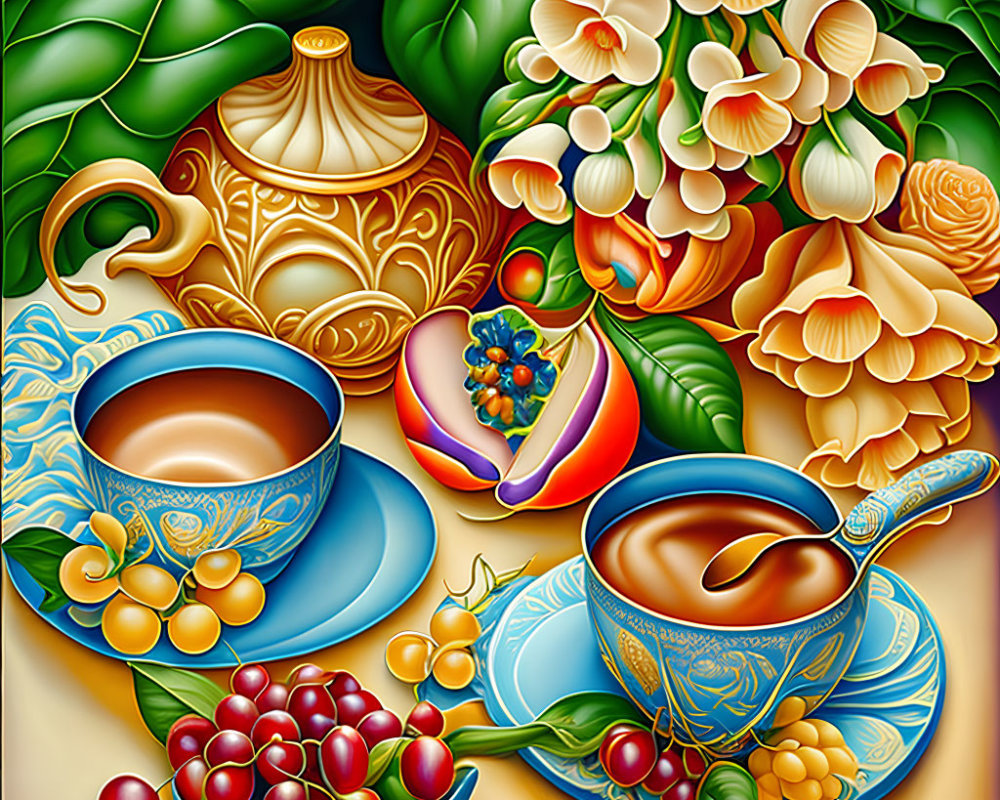 Colorful still-life painting with teacups, teapot, fruit, leaves, and blossoms