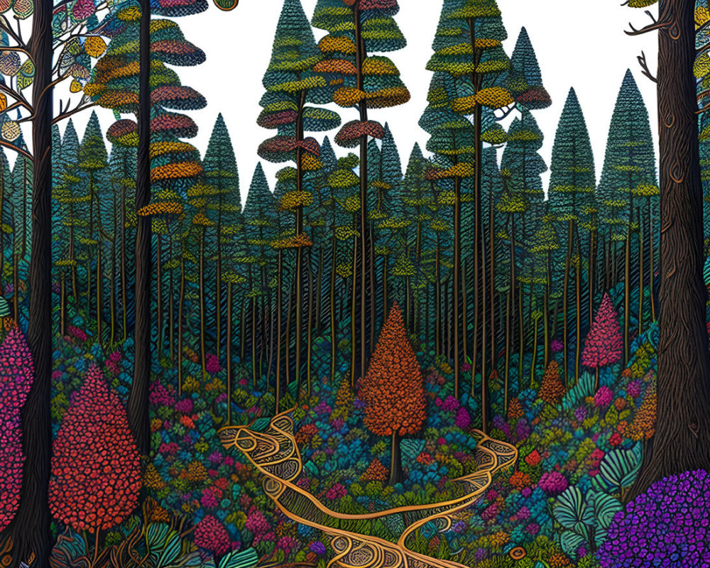 Vibrant forest illustration with patterned trees and detailed undergrowth