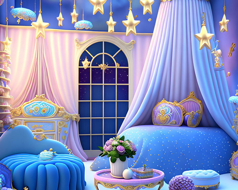 Whimsical star-themed bedroom with blue bed, star pillows, night sky window, and flower table