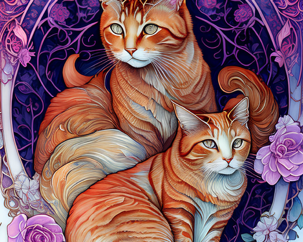 Stylized ginger cats with floral designs on purple and pink background