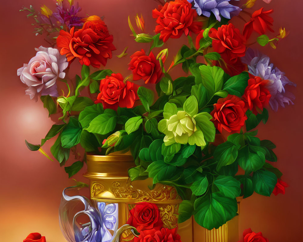 Colorful digital flower arrangement in golden vase on warm backdrop
