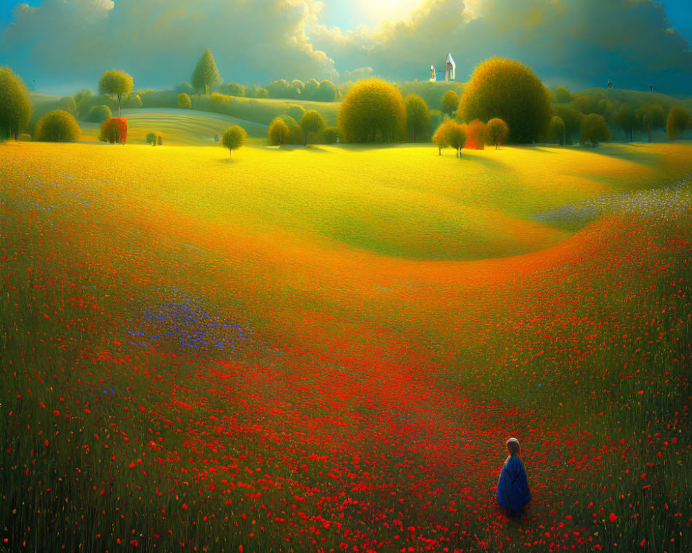 Person in Vibrant Field of Red Poppies Under Sunny Sky