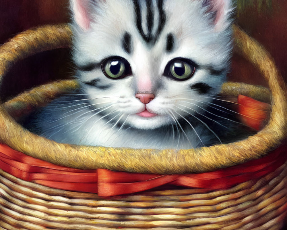 Adorable white and grey striped kitten in wicker basket with red ribbon