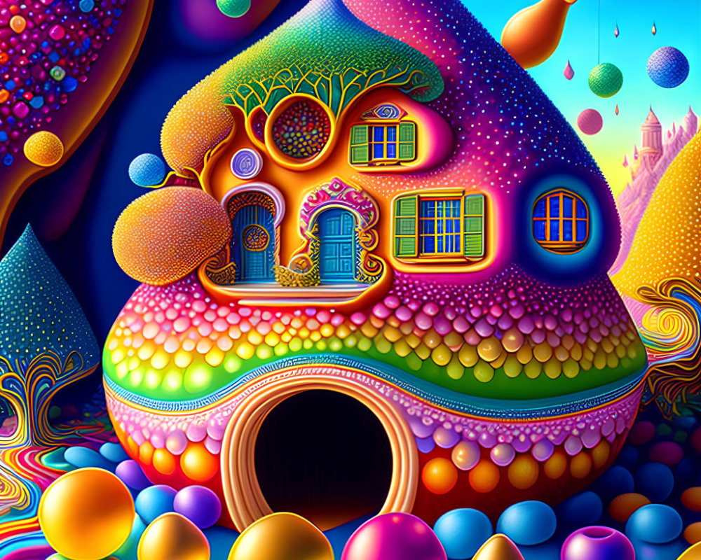 Colorful Fantasy Mushroom House in Vibrant Surreal Landscape