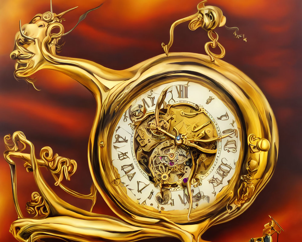 Intricate golden pocket watch with exposed gears melting over barren landscape