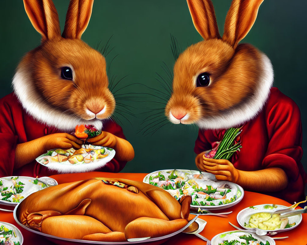 Anthropomorphic rabbits in red outfits with a roasted turkey and vegetables.