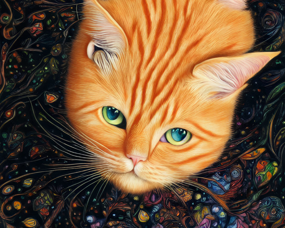Orange Tabby Cat with Green Eyes in Van Gogh-Inspired Background